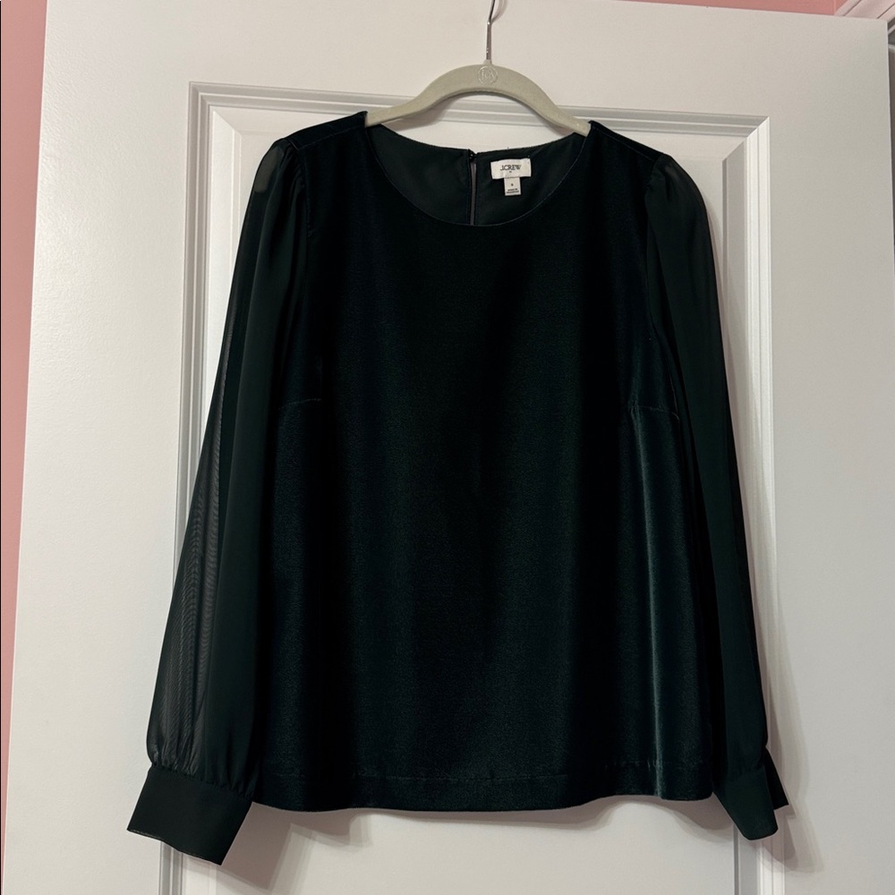 J. Crew size small Hunter Green Sheer Sleeve Blouse